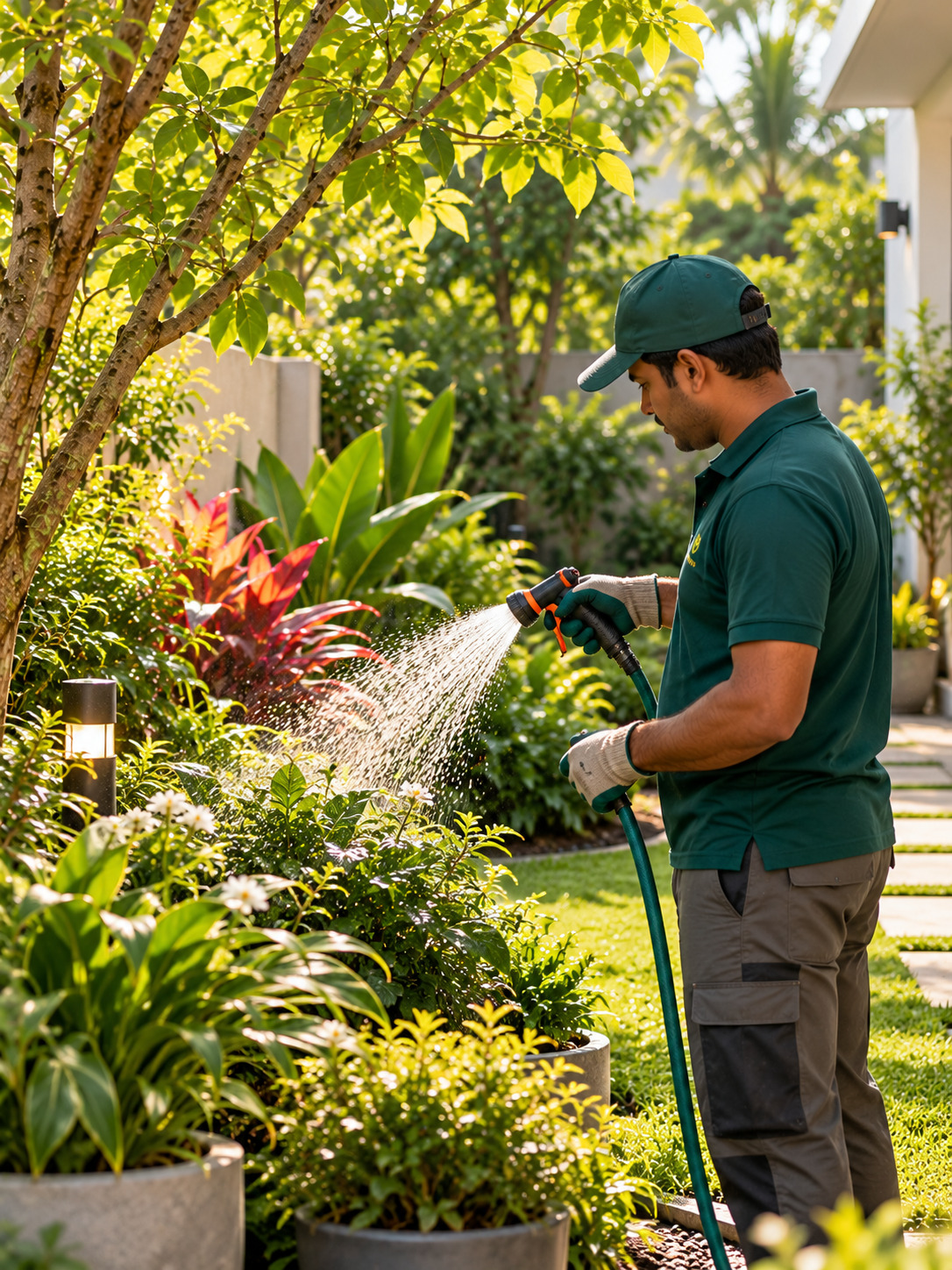 Gardener carefully attending to garden plants and living landscapes