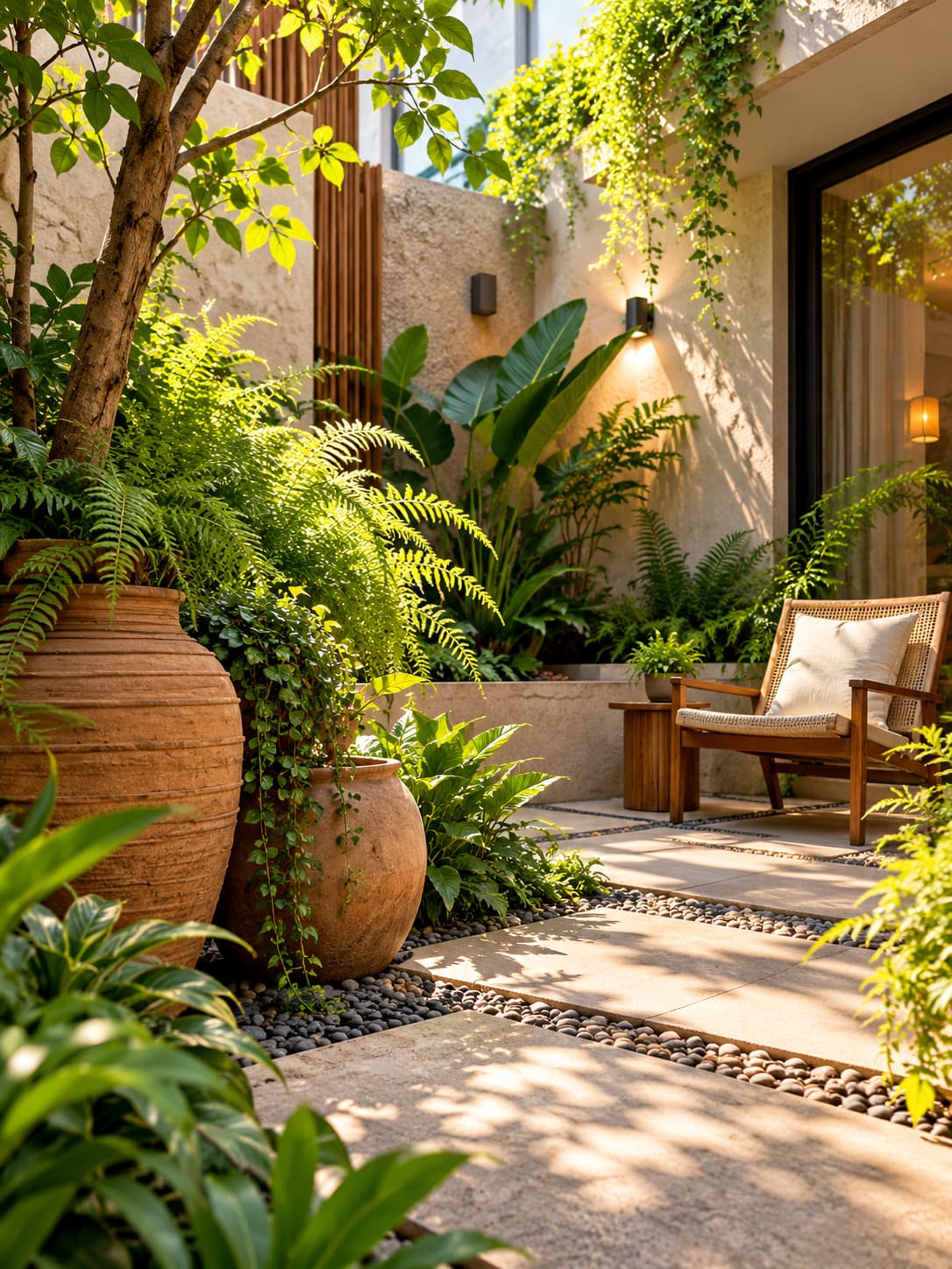 Concept study of an intimate courtyard garden drenched in soft morning sunlight with textured terracotta pots