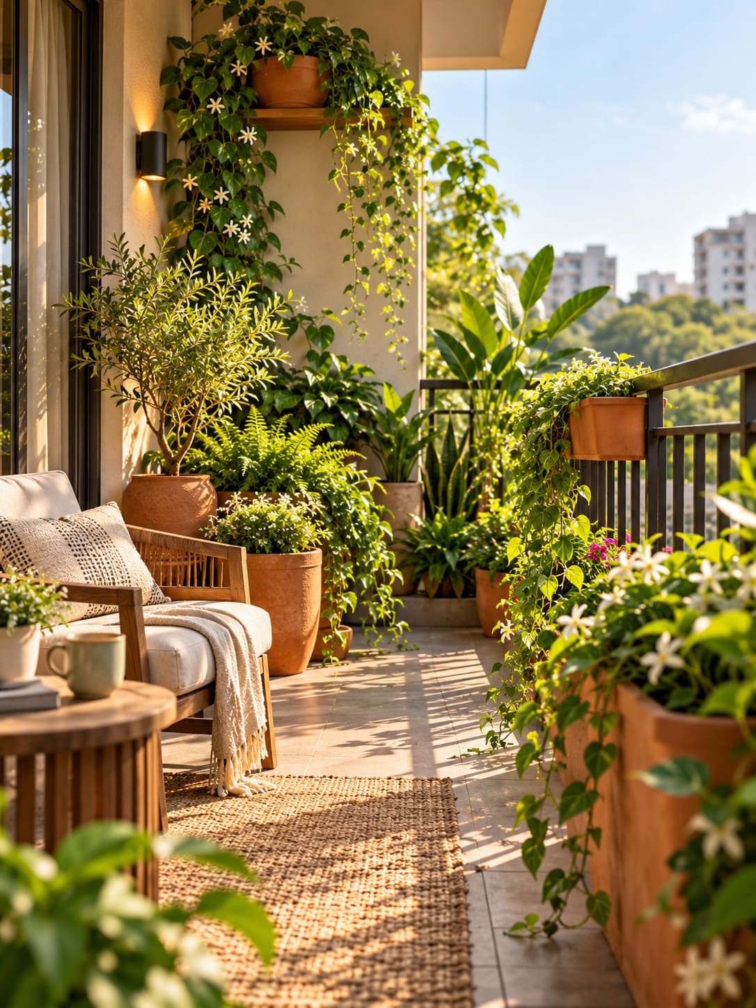 Concept study of a serene apartment balcony garden with layered planters and lush foliage
