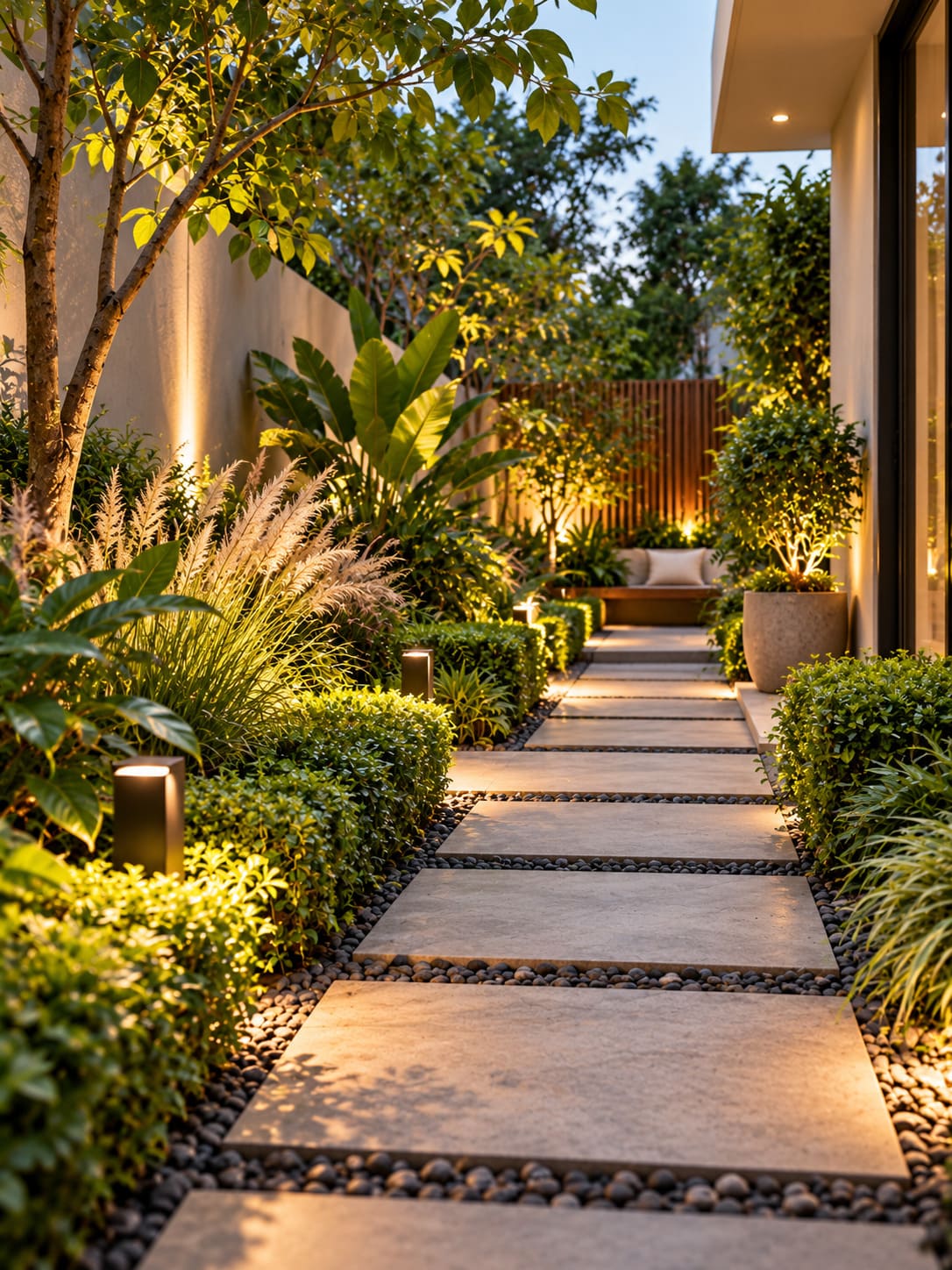 Concept study of a structured flagstone garden path flanked by architectural perennials