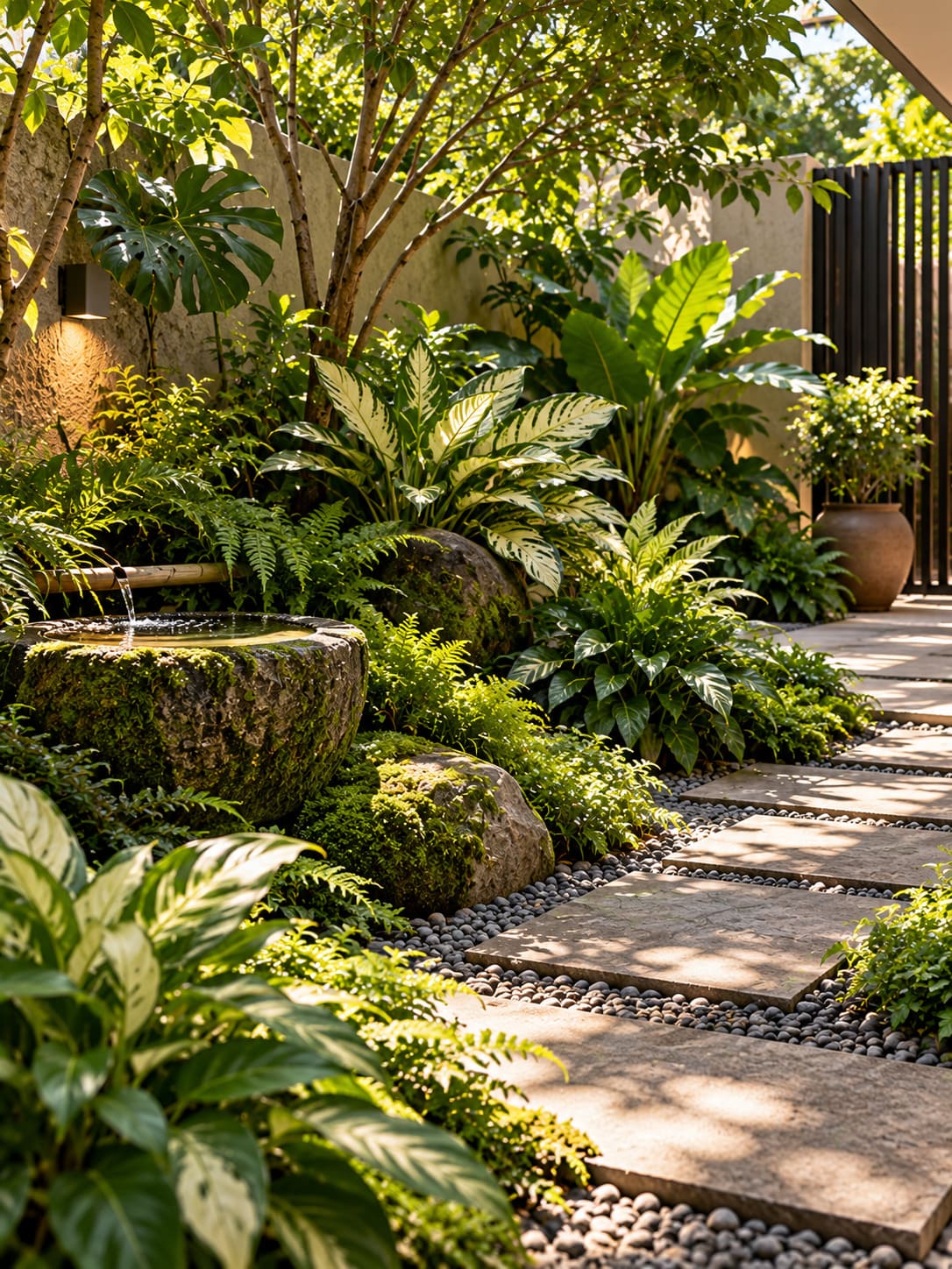 Concept study of a dappled shade garden with rich moss and textural broadleaf ferns
