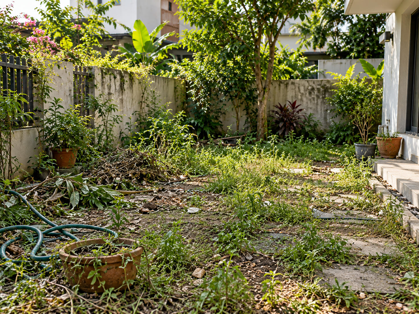 Overlooked courtyard with unmanaged wild foliage prior to intentional landscaping