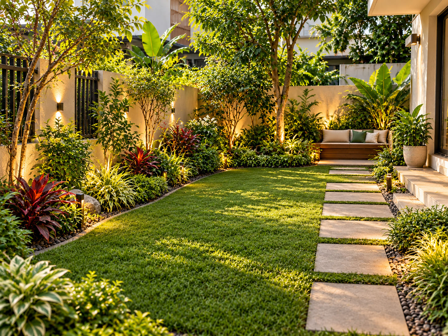 Harmoniously landscaped garden courtyard featuring layered evergreen plantings and natural flagstones